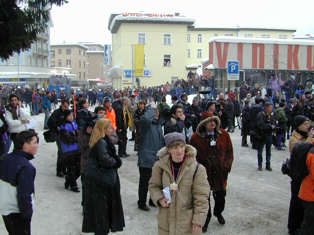 Looking the other way: The WEF attendees who were lucky enough to see the goings-on. There's a water canon in the background.